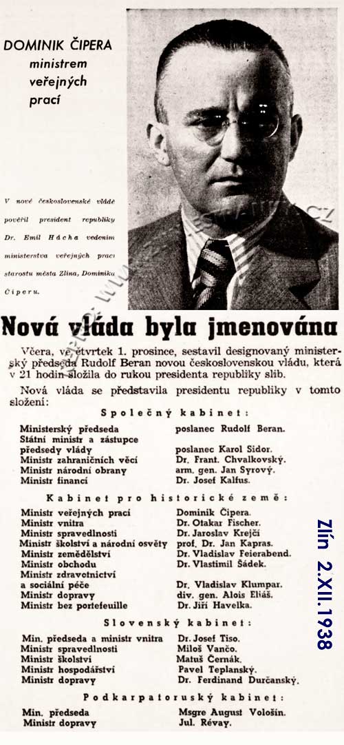 Dominik Čipera jmenován ministrem (XI. 1938)