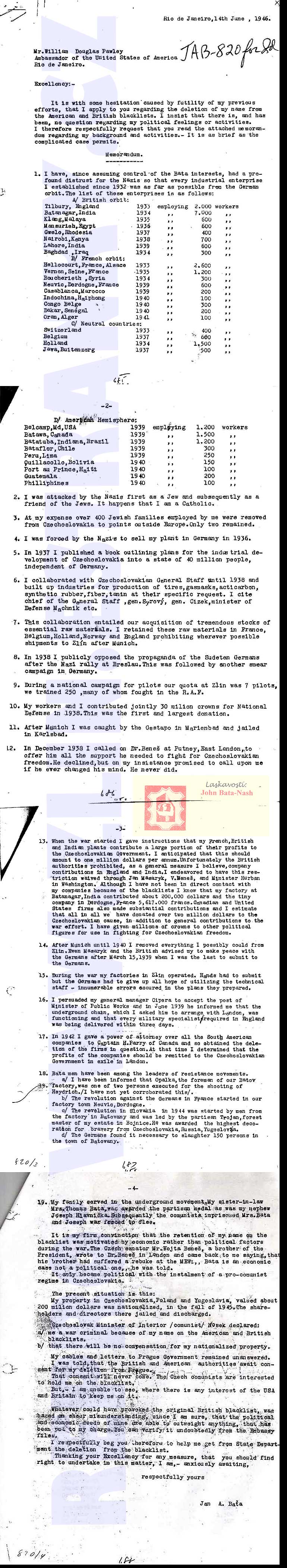 Jan Antonín Baťa - dopis americkému ambasadorovi 1946