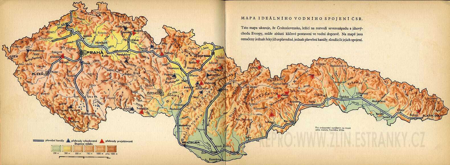 Mapa - vodní spojení v ČSR